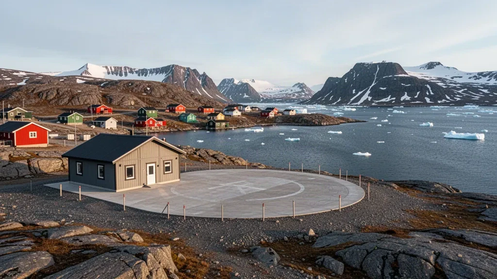 Petit terminal d'héliport arctique et aire d'atterrissage circulaire surplombant des collines rocheuses, des maisons colorées et le fjord à Kangaatsiaq, au Groenland