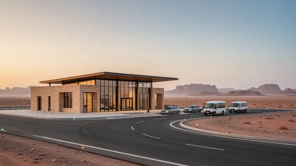 Terminal moderne en verre et route d'accès à l'aéroport intérieur de Rafha dans le désert du nord de l'Arabie saoudite à l'heure dorée, avec une lumière chaude et un ciel dégagé.