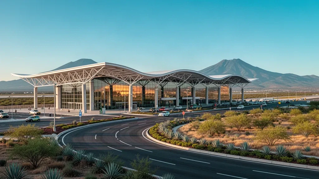 Modern glass and steel terminal exterior at Querétaro Intercontinental Airport with drop-off lanes and semi-arid highland hills at golden hour