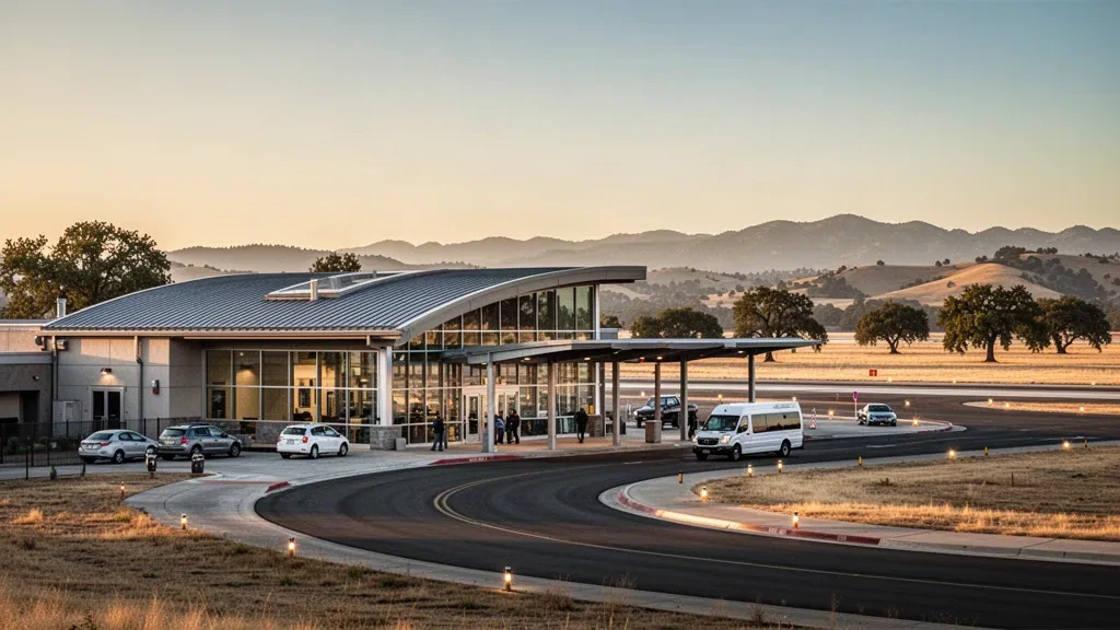 Kuzey Kaliforniya'daki Redding Municipal Airport'ta altın saatlerde modern cam terminal ve kapalı indirme şeridi