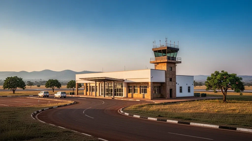 Esterno moderno del terminal in vetro e cemento dell'Aeroporto di Arua in Uganda durante l'ora d'oro, con corsie pavimentate per la salita e discesa dei passeggeri e la savana circostante.