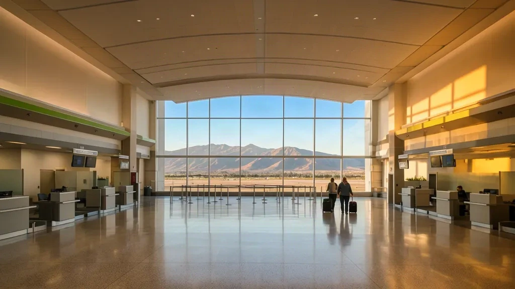 Ampio interno del terminal dell'Aeroporto Internazionale di San Bernardino con banchi check-in, luce naturale e vista sulle montagne.