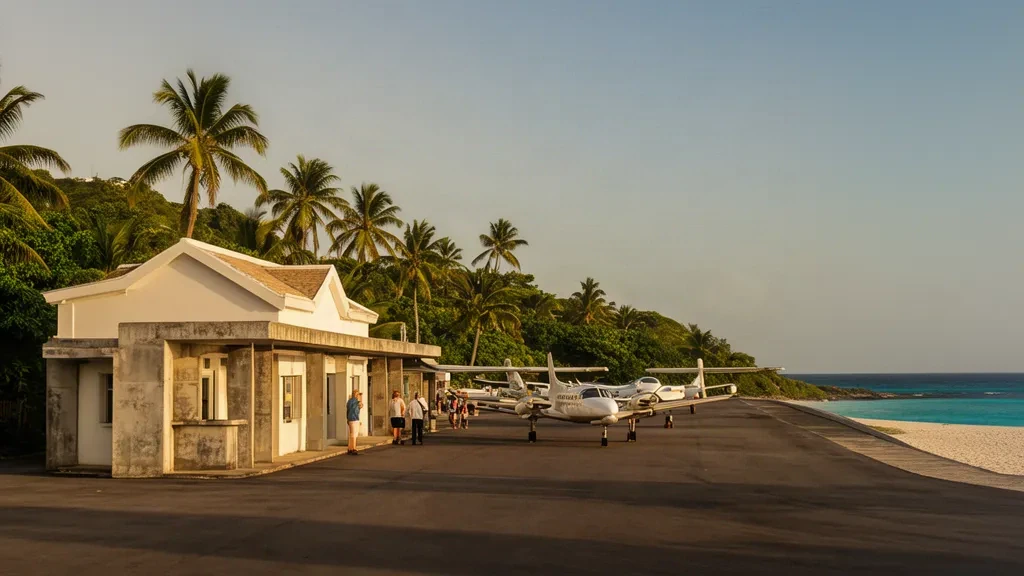 Petit terminal et aire de trafic bordée de palmiers à l'aéroport Gustaf III à Saint-Jean, à Saint-Barthélemy, avec le littoral des Caraïbes en arrière-plan