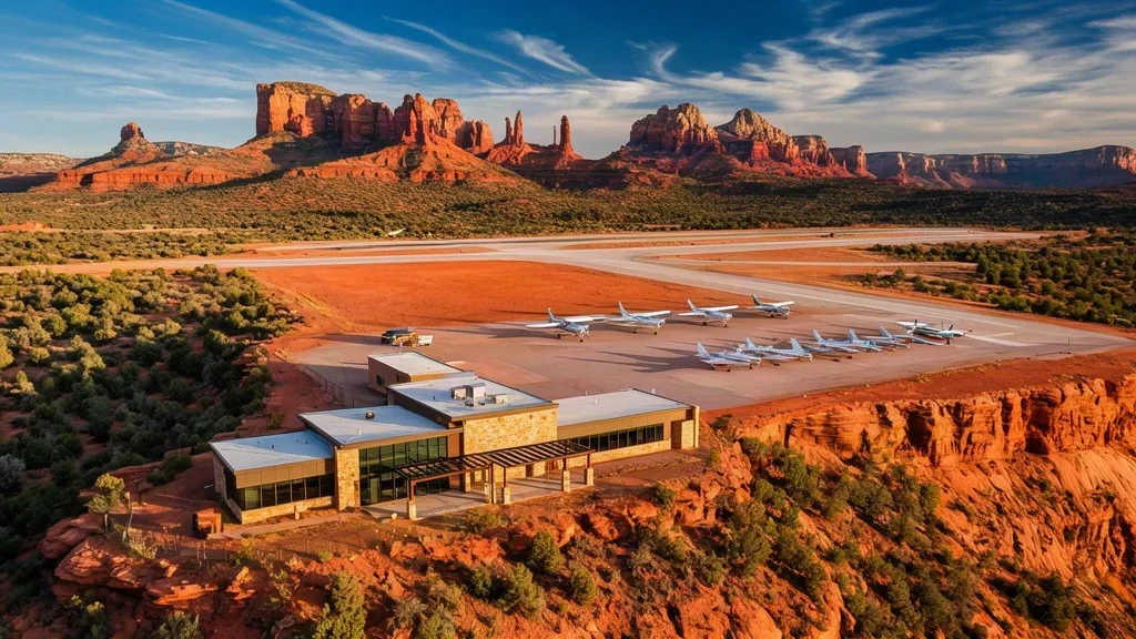 Terminal y plataforma de aeronaves del Aeropuerto de Sedona SDX situadas en una mesa de roca roja con vistas al alto desierto de Arizona durante la hora dorada