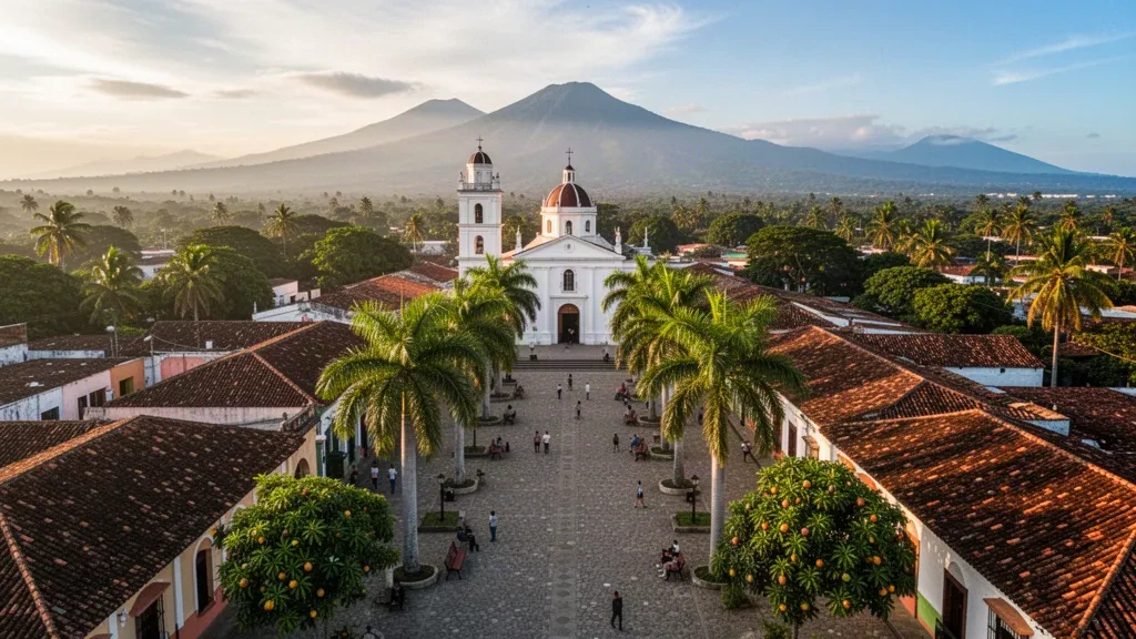 Palm-lined central plaza and white church tower in Usulután, El Salvador, surrounded by tropical greenery and distant volcanic hills at golden hour