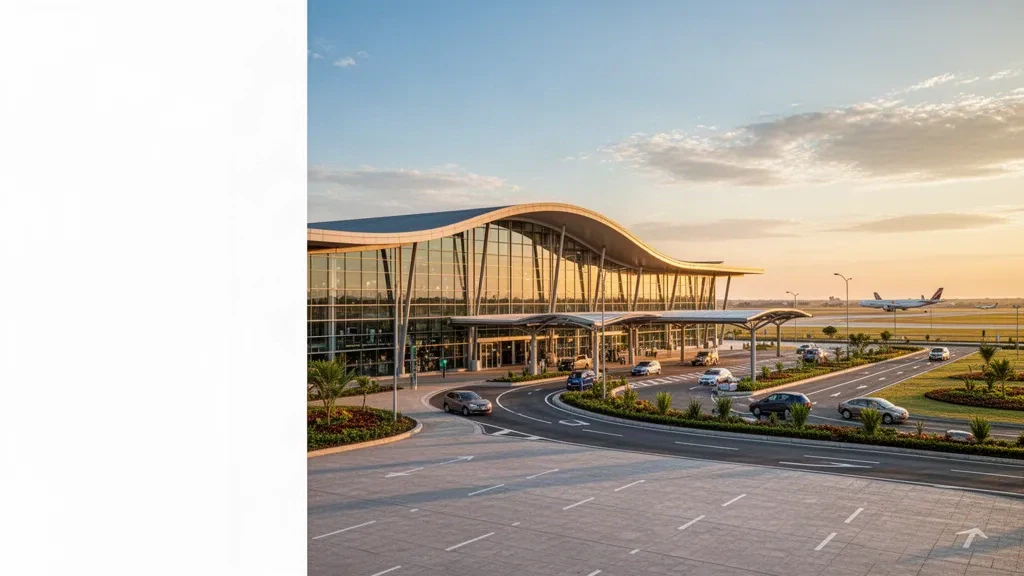 Eswatini'deki Kral Mswati III Uluslararası Havalimanı'nda sıcak akşam ışığı altında modern terminal ve pist