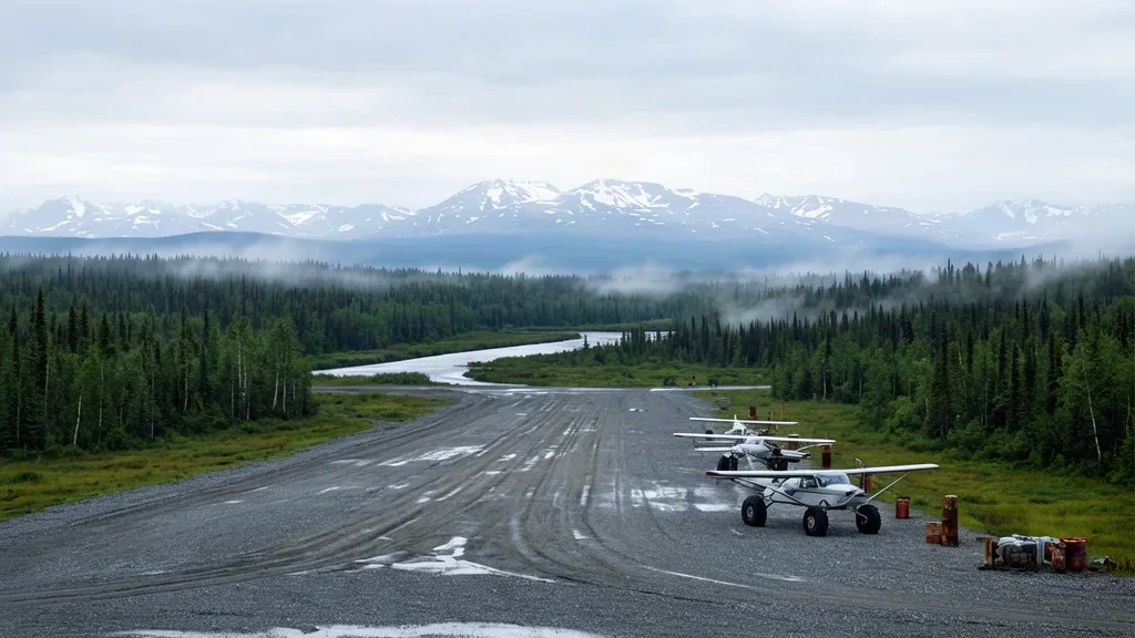 Pista de grava y plataforma boscosa en el remoto Aeropuerto de Skwentna, en Alaska, con aviones bush estacionados bajo un cielo veraniego nublado