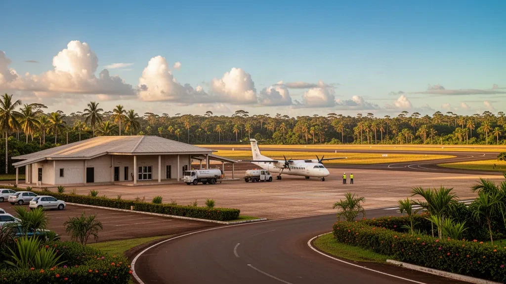 Terminal basso, piazzale e pista dell'aeroporto di San Ignacio de Velasco in Bolivia, circondati da alberi tropicali durante l'ora d'oro.
