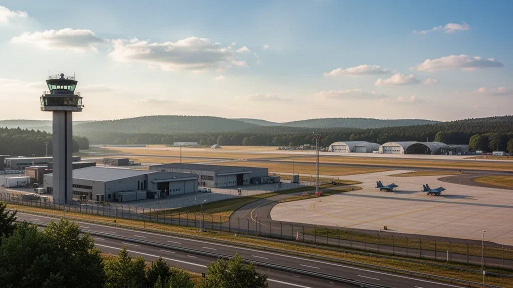 Vista amplia de la pista, la torre de control, los hangares y las colinas boscosas del Eifel de la Base Aérea de Spangdahlem en Alemania durante la hora dorada.