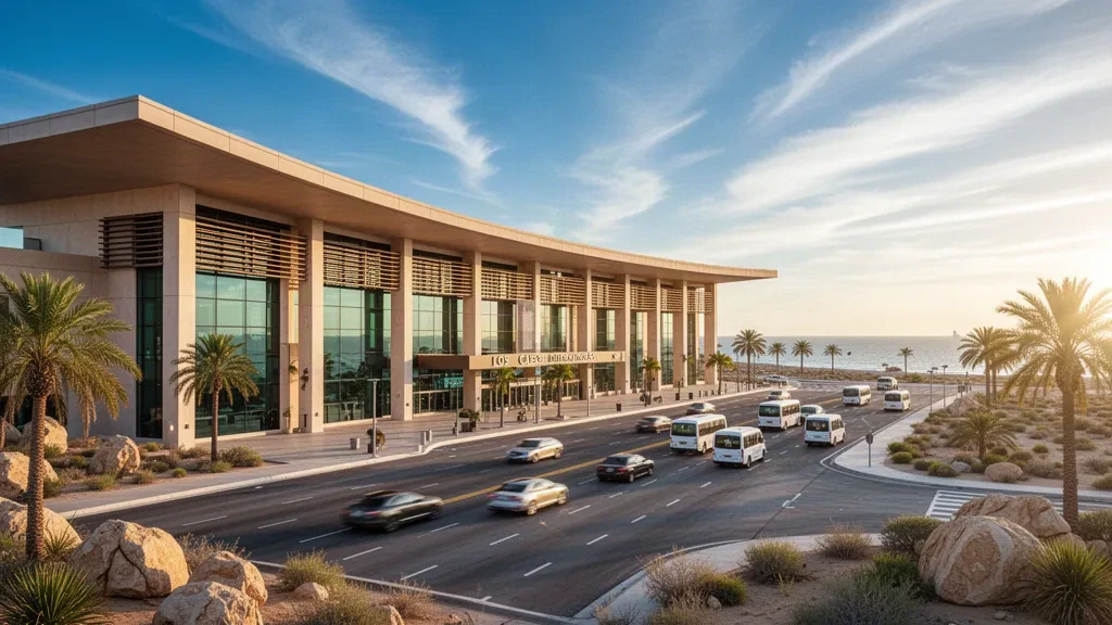 Außenansicht eines modernen Glasterminals und Vorfahrtspuren am Flughafen Los Cabos International in Baja California Sur bei warmem Küstenlicht