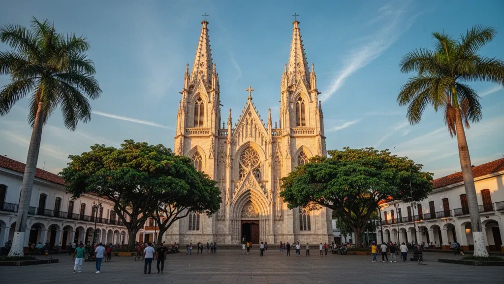 Le guglie gemelle neogotiche della Cattedrale di Santa Ana che brillano nell'ora d'oro sopra Plaza Libertad a Santa Ana, El Salvador