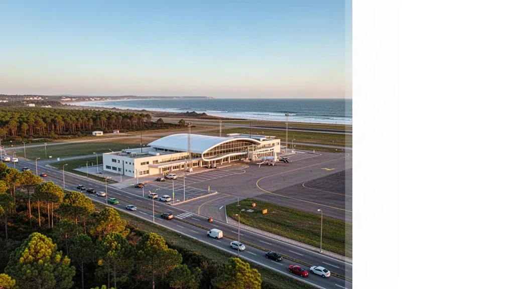 Veduta ampia del terminal dell'Aeroporto di Santa Teresita, del piazzale e della pista costiera nella Provincia di Buenos Aires, Argentina, durante l'ora dorata.