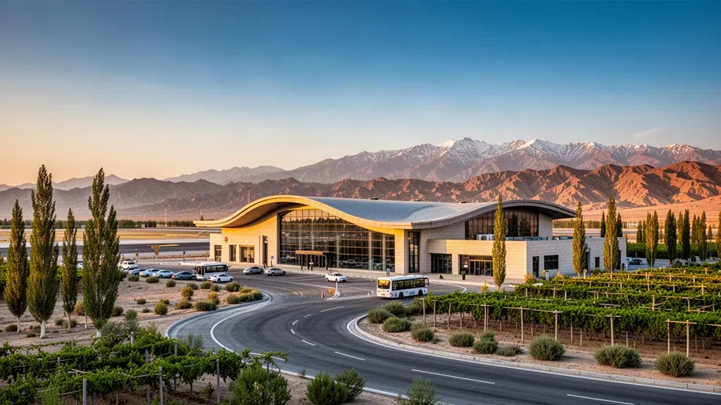 Terminal moderne de l'aéroport de Shanshan dans le Xinjiang, avec contreforts désertiques, route d'accès et éclairage chaud de fin de journée