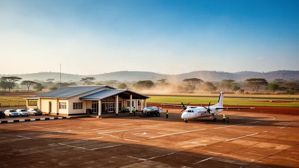 Terminal et tarmac de l'aéroport de Tabora en Tanzanie avec un avion à turbopropulseur sous une lumière dorée de fin de journée