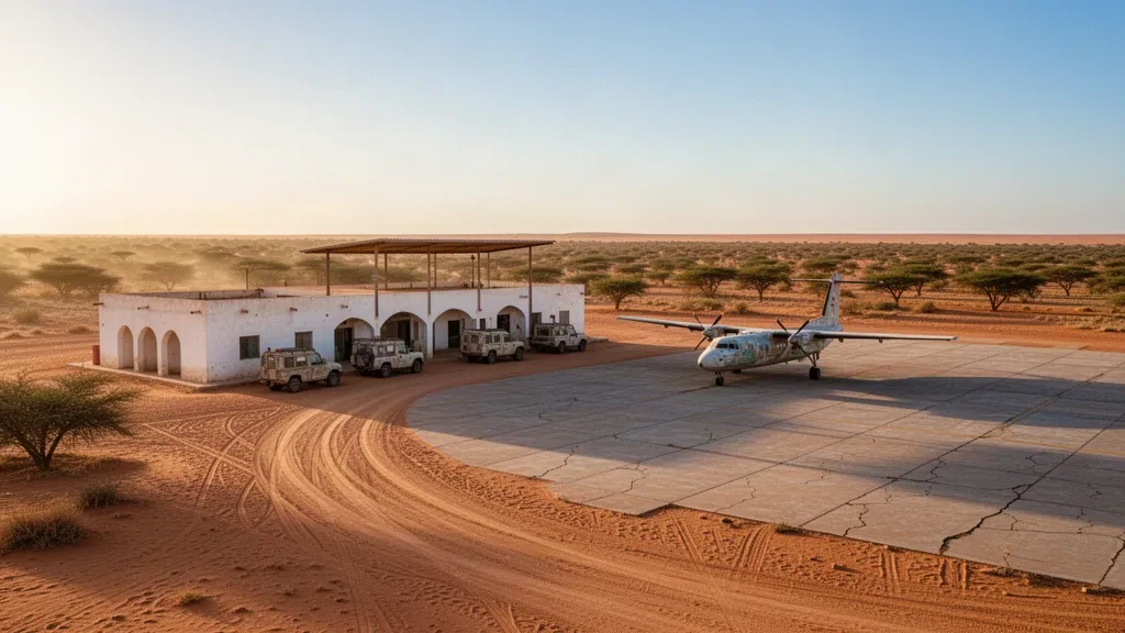 Vista al atardecer del aeropuerto de Tamchakett en Mauritania con una pequeña terminal en el desierto, una plataforma polvorienta y aviones turbohélice estacionados
