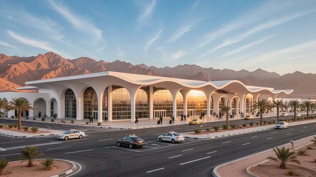 Esterno di un terminal moderno e corsie di sosta davanti all'Aeroporto Internazionale Principe Sultan bin Abdulaziz a Tabuk durante l'ora d'oro con montagne desertiche sullo sfondo.