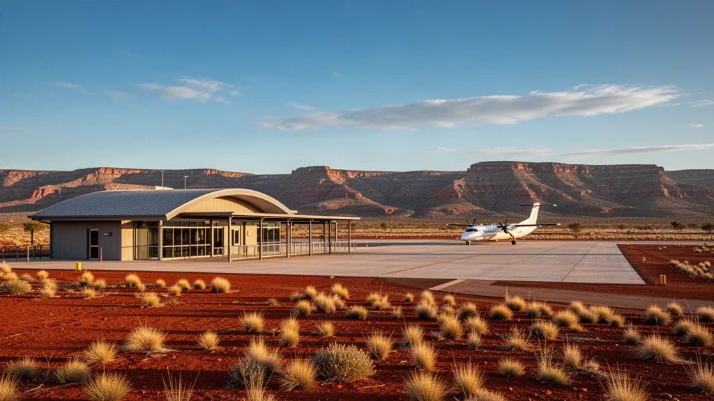 Regional terminal and apron at Tom Price Airport in the Pilbara, Western Australia, surrounded by red outback earth and the Hamersley Range