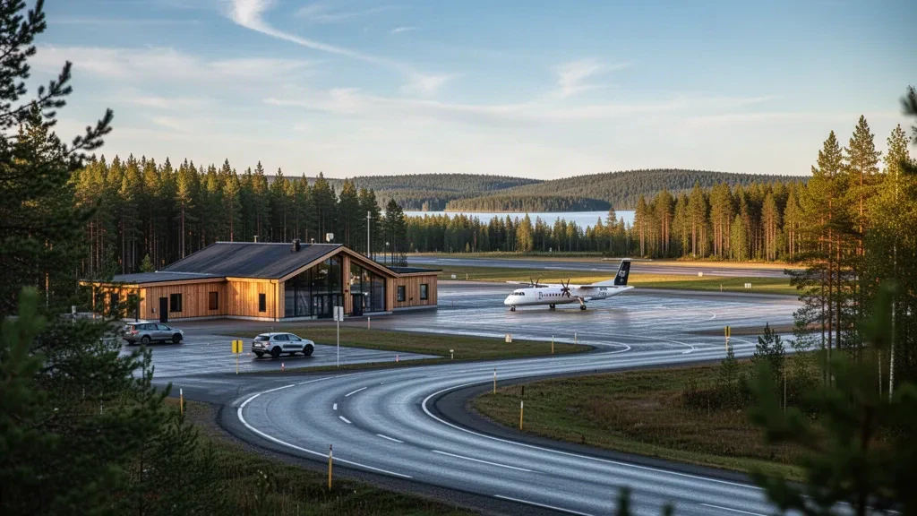 Piccolo terminal aeroportuale regionale scandinavo a Torsby, Värmland, con foresta di pini, pista silenziosa e strada per la riconsegna all'ora d'oro