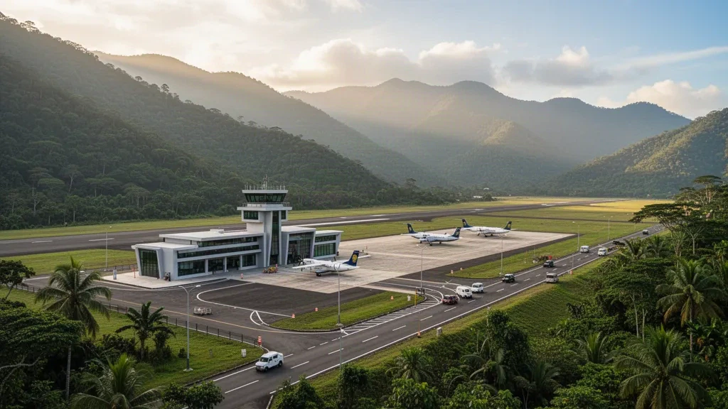 Tablón de Tamará Airport terminal and runway nestled in green Colombian mountains under warm golden-hour light.