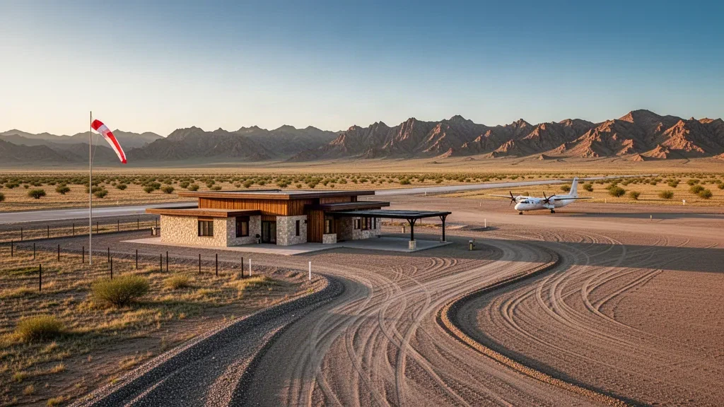 Pista remota in ghiaia e terminal basso presso l'aeroporto di Bulagtai Resort nella steppa del Gobi in Mongolia durante l'ora dorata