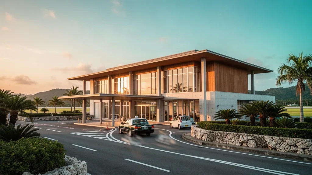 Kumejima, Okinawa'da palmiye ağaçlarıyla çevrili indirme yoluna ve altın saat ışığına sahip subtropikal ada havalimanı terminali