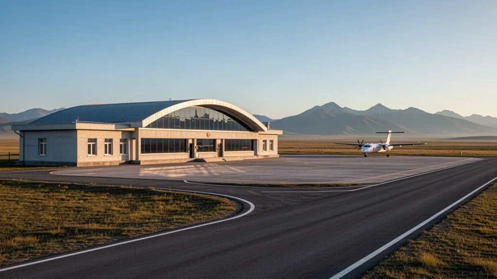 Terminal d'aéroport régional de faible hauteur dans la steppe ouverte près d'Ulaangom, en Mongolie, avec des montagnes au loin dans une lumière chaude de fin d'après-midi