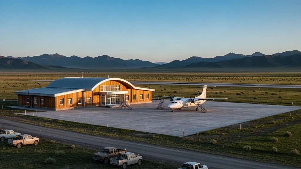 Uliastai yakınlarındaki Moğol bozkırında, geniş ve açık bir gökyüzü altında uzak dağlarla çevrili Donoi Havalimanı ULZ terminali ve apronu