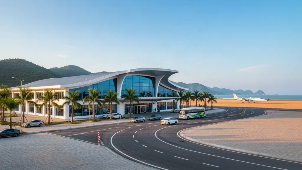 Modernes Küsten-Flughafenterminal und Vorfahrtstraße in Dong Hoi, Vietnam zur goldenen Stunde, mit geparktem Regionalflugzeug und tropischer Vegetation