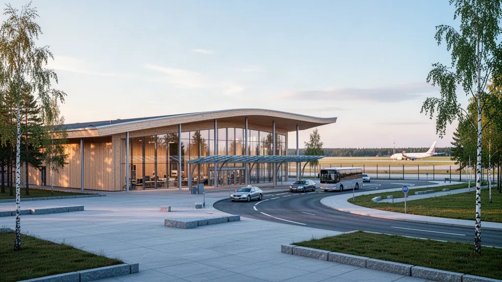Extérieur moderne du terminal de l'aéroport de Vaasa en Finlande, en verre et en bois, à l'heure dorée, avec des taxis à la voie de dépose