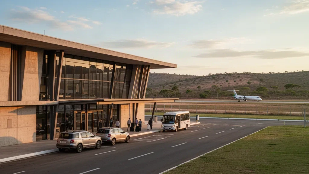 Fachada moderna de la terminal y carril de descenso en el Aeropuerto Glauber de Andrade Rocha en Vitória da Conquista, Bahía, a la hora dorada