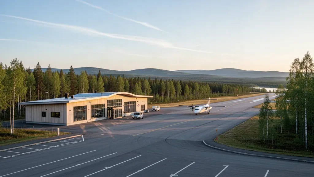 Kuzey İsveç'te çam ormanıyla çevrili Vilhelmina South Lapland Havalimanı'nda altın saatte küçük modern terminal ve sakin pist