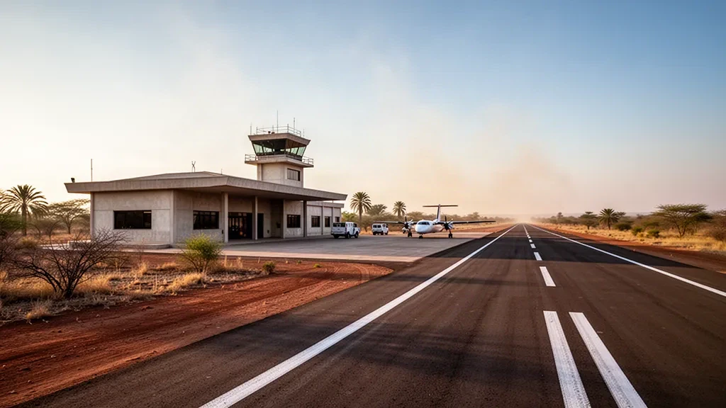 Petit terminal régional et piste de l'aéroport Teniente Coronel Rafael Pabón à Villamontes, en Bolivie, sous une lumière dorée