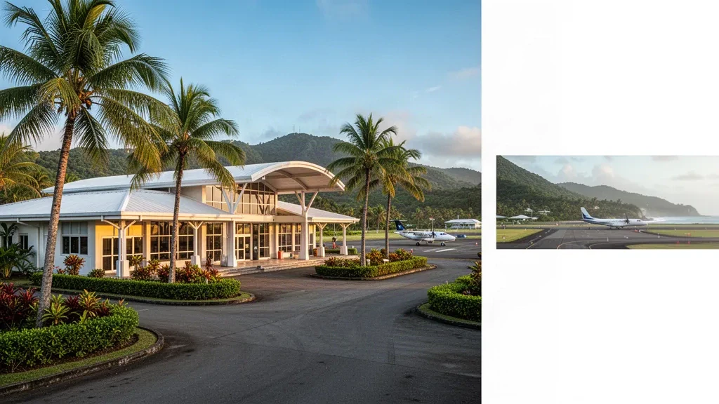 Terminal tropicale e piazzale alberato di palme presso l'Aeroporto Internazionale Bauerfield a Port Vila, Vanuatu, durante l'ora d'oro