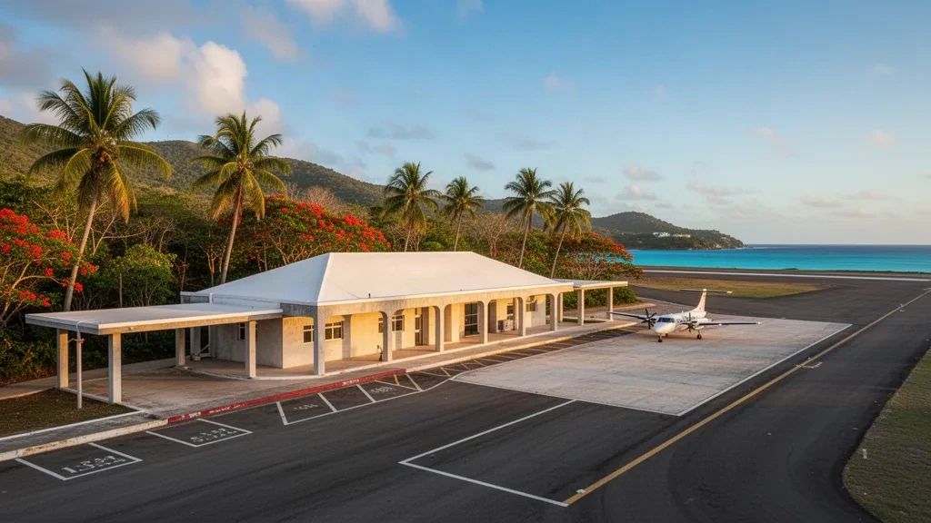 Veduta durante l'ora dorata del piccolo terminal caraibico e dell'ingresso alberato con palme dell'aeroporto Antonio Rivera Rodríguez a Vieques, Porto Rico