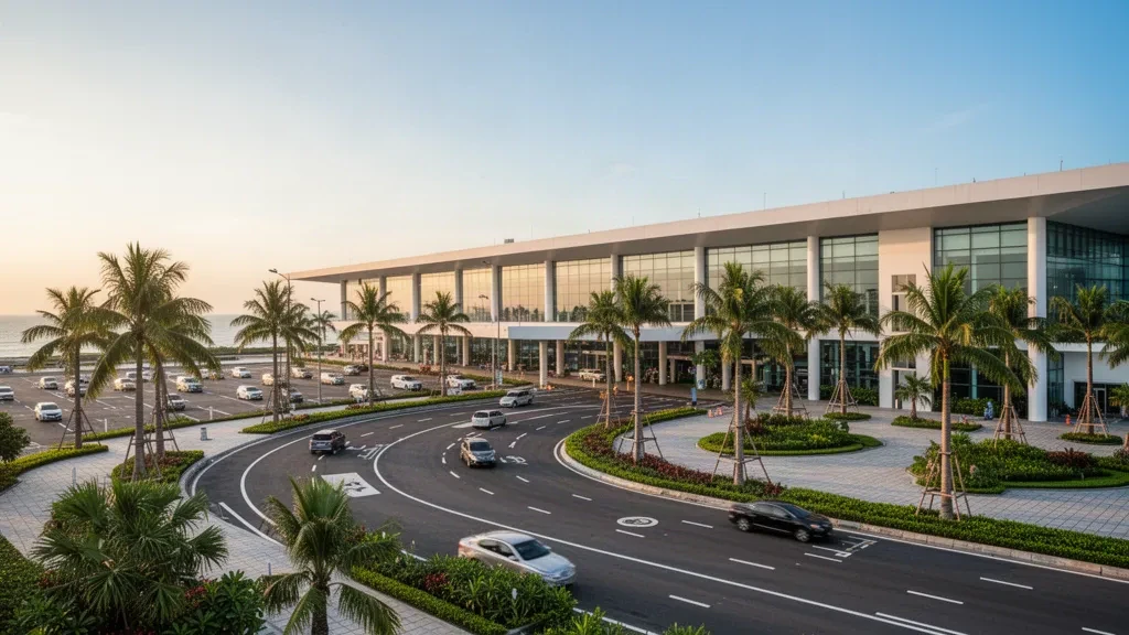 Exterior moderno de la terminal del aeropuerto de Vung Tau en Vietnam con jardines tropicales y cálida luz costera.