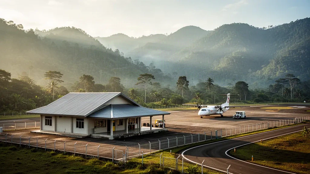 Petit terminal d'aéroport des hautes terres et tarmac à Deiyai, Papouasie, entouré de montagnes verdoyantes brumeuses au lever du soleil