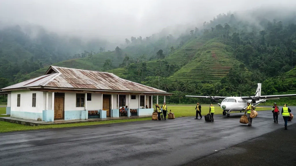 Bâtiment terminal et petit aéronef sur le tarmac à l'aéroport de Waghete à Deiyai, centre de la Papouasie, entouré de collines verdoyantes des hautes terres