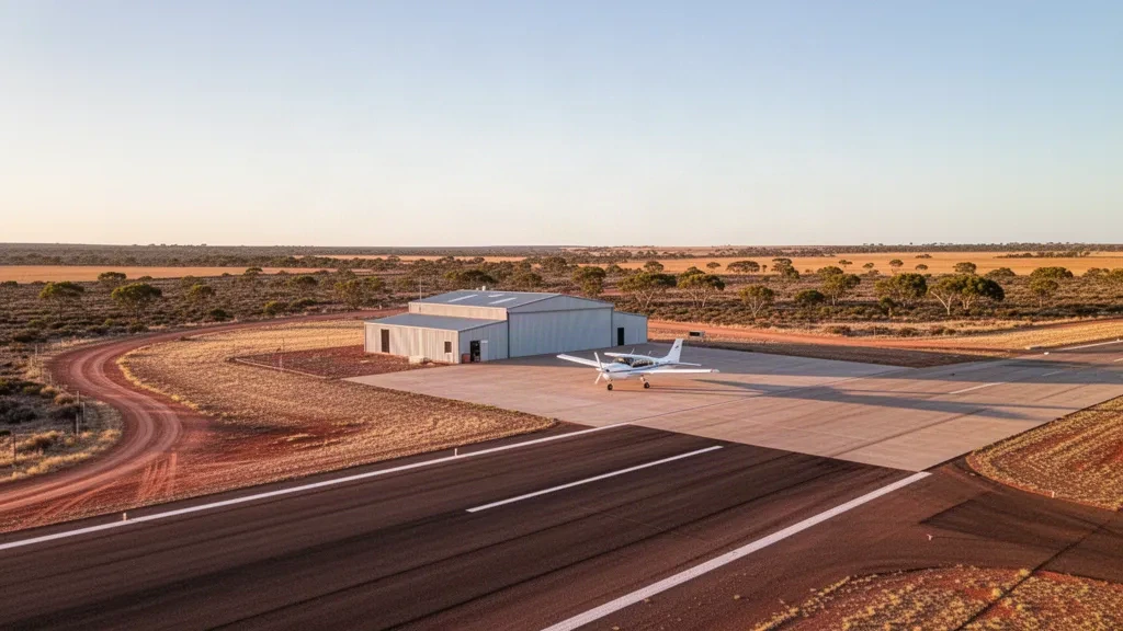 Pista rurale, hangar e aereo leggero durante l'ora d'oro all'aeroporto di Wudinna, nella penisola di Eyre, Australia Meridionale