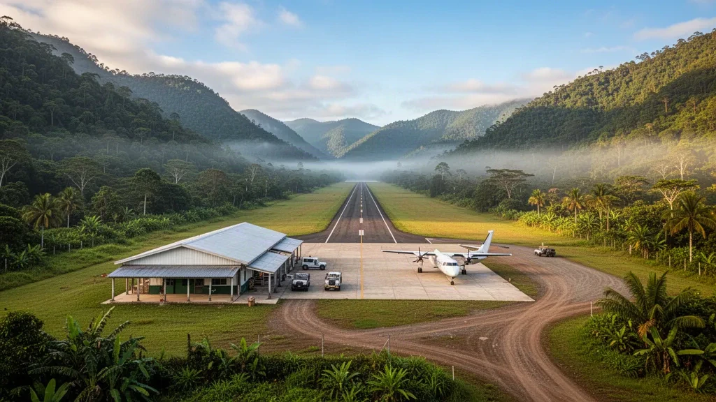 Small twin-engine aircraft parked beside the runway at Wau Airport, a highland airstrip in Papua New Guinea surrounded by green mountain ridges