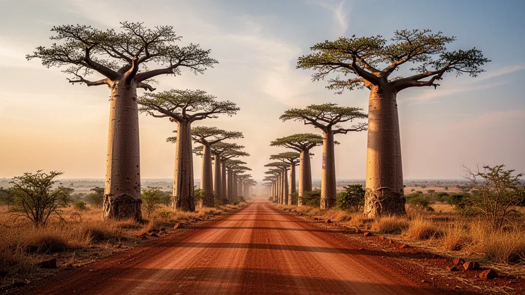 Avenue of the Baobabs bei Morondava in Madagaskar, hoch aufragende Baobab-Bäume säumen eine Schotterstraße im warmen Licht des späten Nachmittags