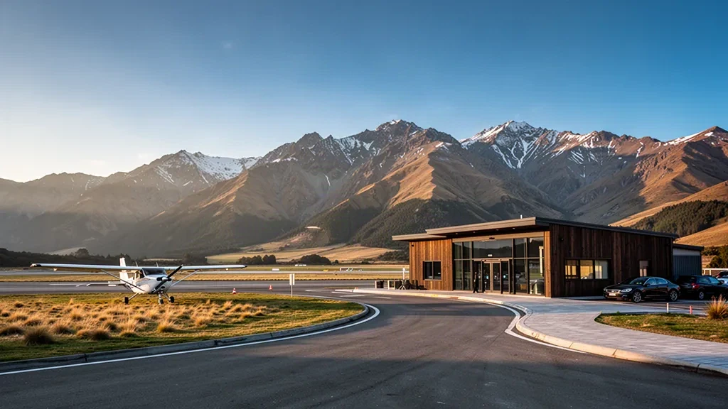 Terminal y plataforma del aeropuerto de Wanaka con los picos de los Alpes del Sur elevándose detrás, capturando el entorno alpino de este aeródromo regional de Otago.