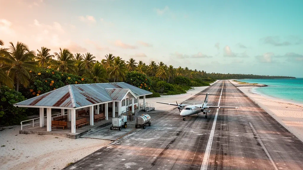 Small tropical airstrip and modest open-sided terminal at Yandina Airport on Mbanika Island in the Solomon Islands, ringed by palm groves