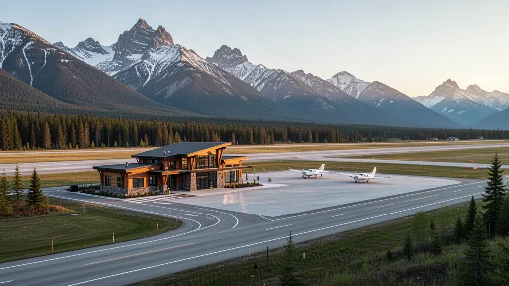 Britanya Kolumbiyası'ndaki Fairmont Hot Springs Havaalanı'nda, altın saatlerde ormanlık Rocky Dağı vadisinin çerçevelediği küçük terminal ve pist.