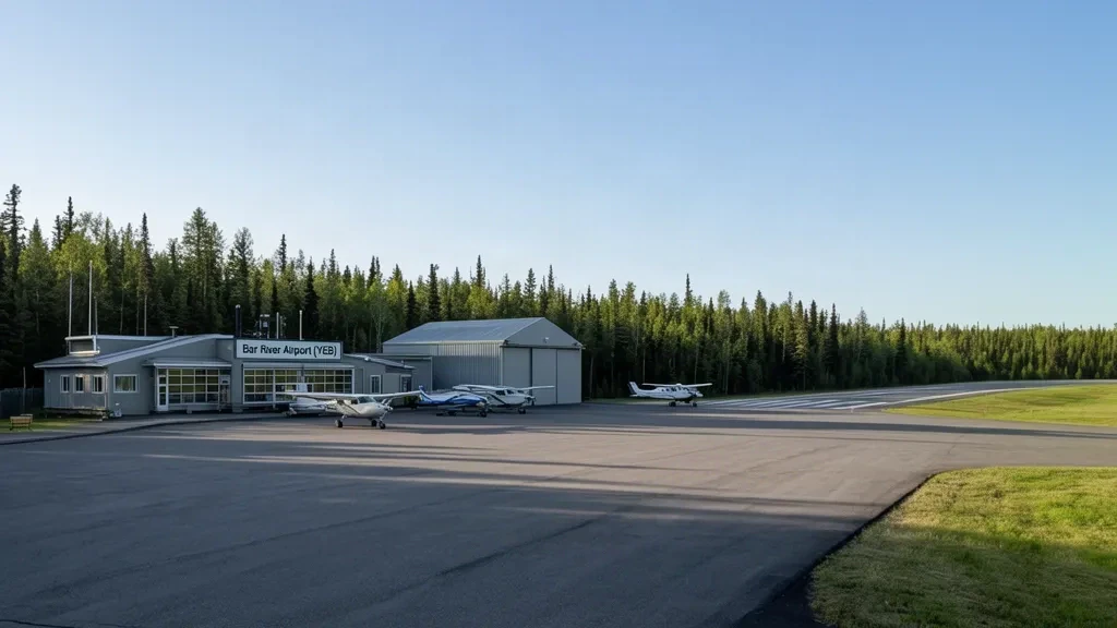 Ontario, Kanada'daki Bar River Havalimanı YEB'in dış görünümü; ormanla çevrili küçük bir terminal, hangar, apron ve pist gösterilmektedir.