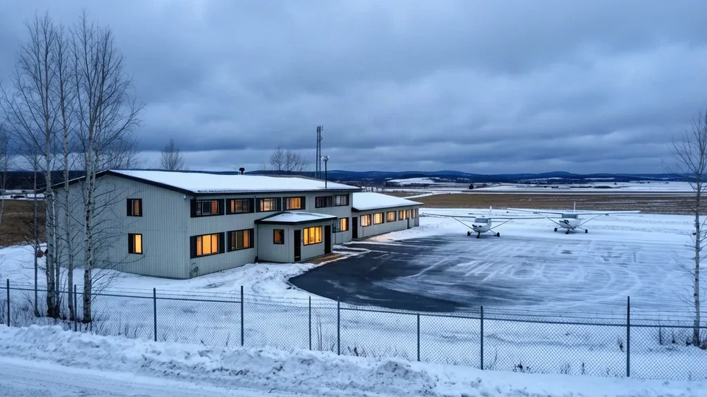 Kleines schneebedecktes Terminalgebäude und geparkte Leichtflugzeuge am Flughafen Rivière-du-Loup in Quebec unter grauem Winterhimmel.