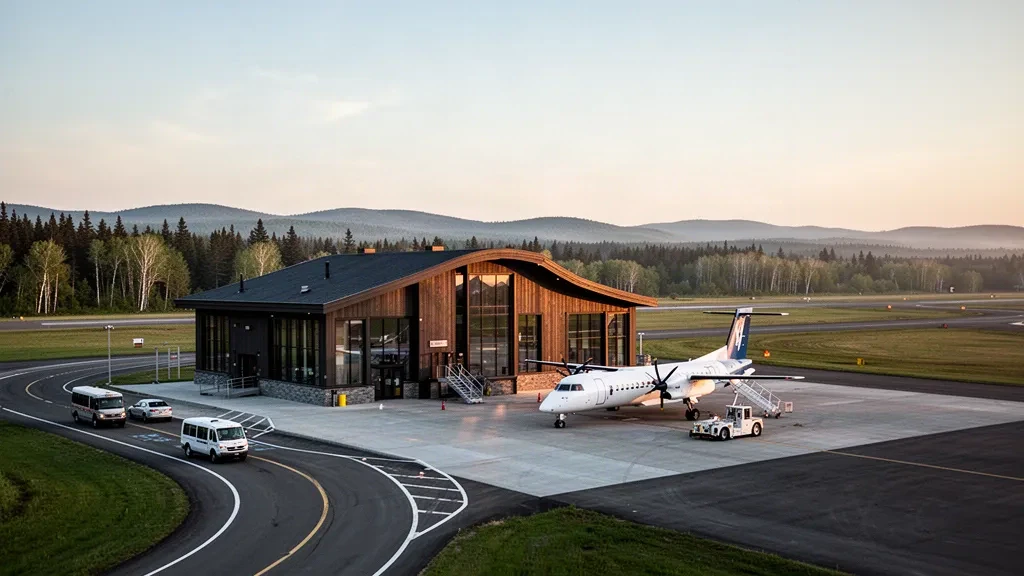 Bâtiment terminal régional et aire de trafic à l'aéroport de Bathurst au Nouveau-Brunswick, au Canada, sous une douce lumière dorée