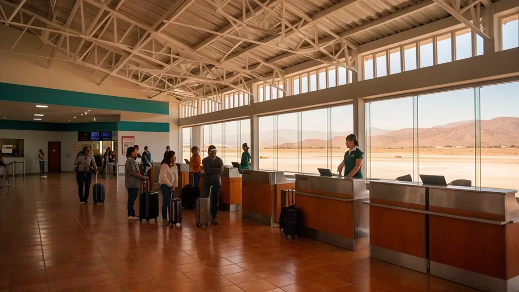 Sala de registro iluminada por el sol dentro del Aeropuerto Internacional General Leobardo C. Ruiz cerca de Zacatecas, con viajeros en fila en los mostradores y luz del desierto a través de la terminal
