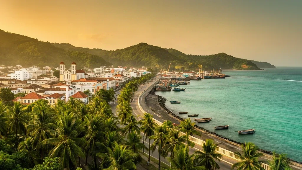 Golden-hour view over Bata's palm-lined waterfront, bay and cathedral skyline in Litoral Province, Equatorial Guinea