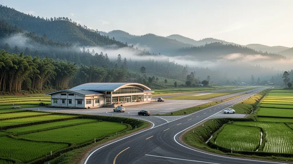 Piccolo edificio terminal dell'aeroporto di Ziro in Arunachal Pradesh, immerso tra risaie verdi e colline himalayane nebbiose