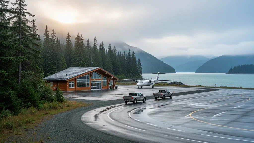 Terminal costiero remoto e piazzale bagnato presso l'aeroporto di Bella Bella (Campbell Island), incorniciato dalla foresta pluviale e dalle montagne nebbiose del fiordo nella Columbia Britannica.